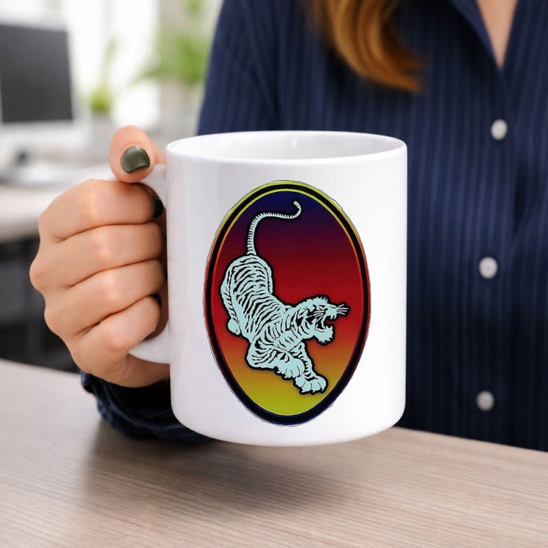 Tailorly White Ceramic 11 oz Mug - Graceful Leaping Wild Cat With Skeletal Patterns Against Vibrant Sunset Gradient Tiger