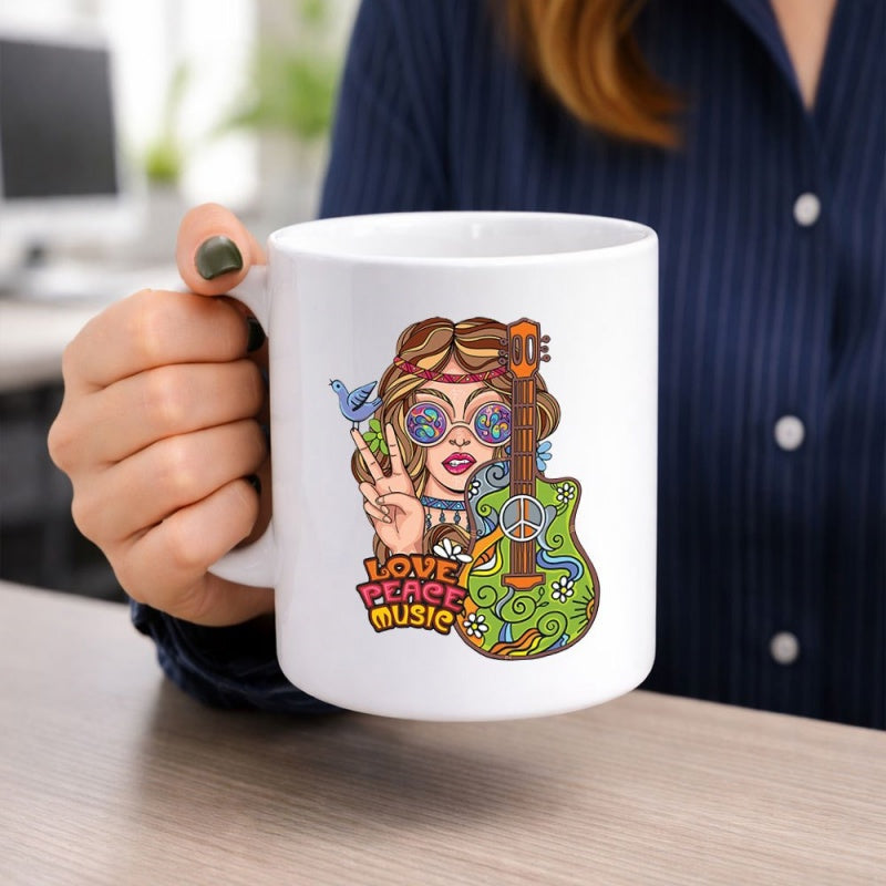 Tailorly White Ceramic 11 oz Mug - Love Peace Music Psychedelic Patterns With Guitar And Bird Surrounding Artistic Hippie Woman