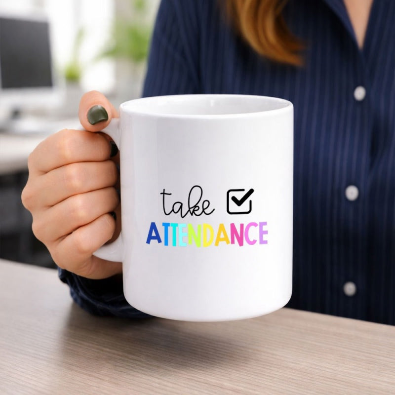 Tailorly White Ceramic 11 oz Mug - Take Attendance Minimalist Black Line Box With Vibrant Rainbow Colored Bold Text Checkmark