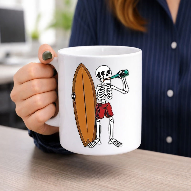 Tailorly White Ceramic 11 oz Mug - Chill Summer Vibe Wearing Red Shorts Holding Surfboard Drinking Skeleton
