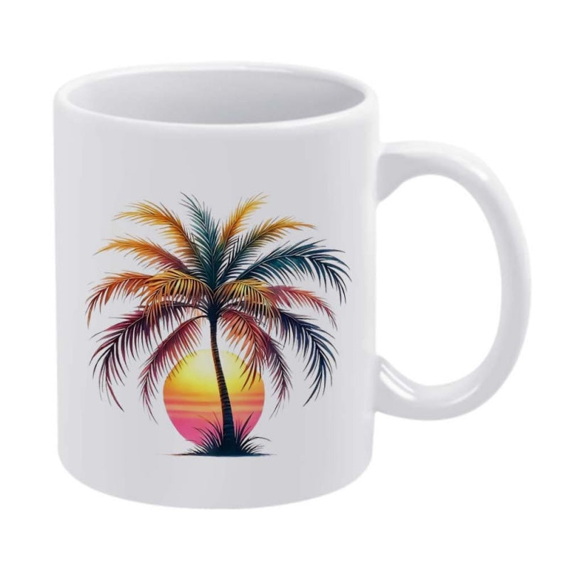 Tailorly White Ceramic 11 oz Mug - Vibrant Tropical Sunset With Colorful Fronds And Breezy Summer Paradise Palm Tree