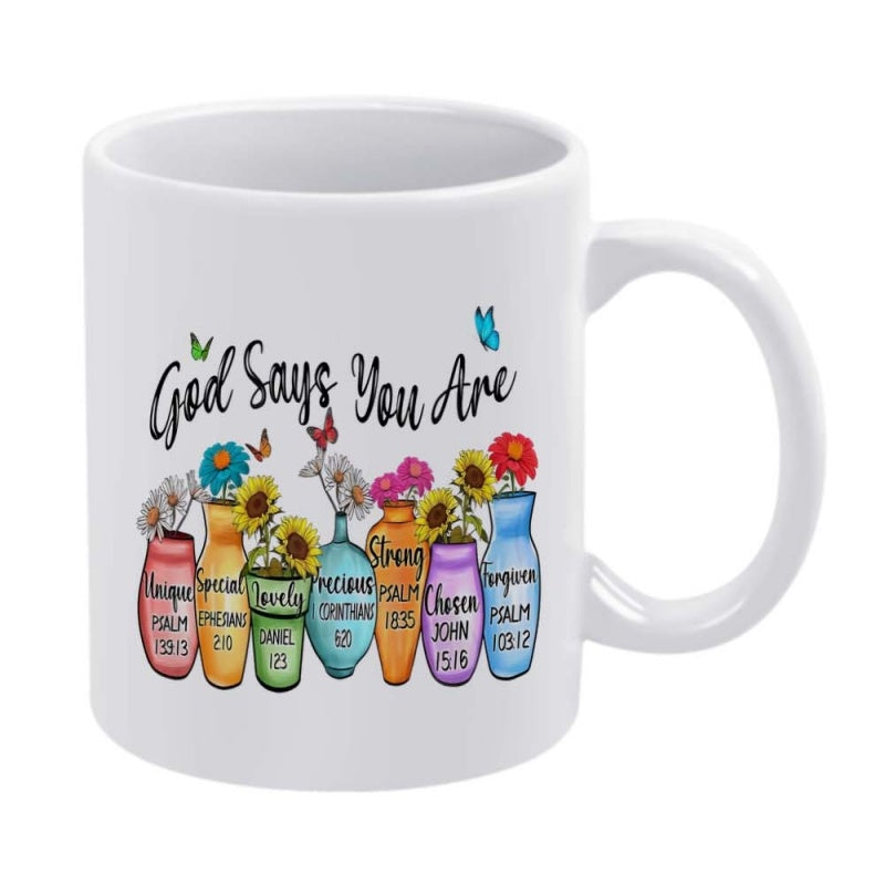 Tailorly White Ceramic 11 oz Mug - God Says You Are Vibrant Colorful Vases With Blooming Sunflowers And Delicate Flying Butterflies Vase