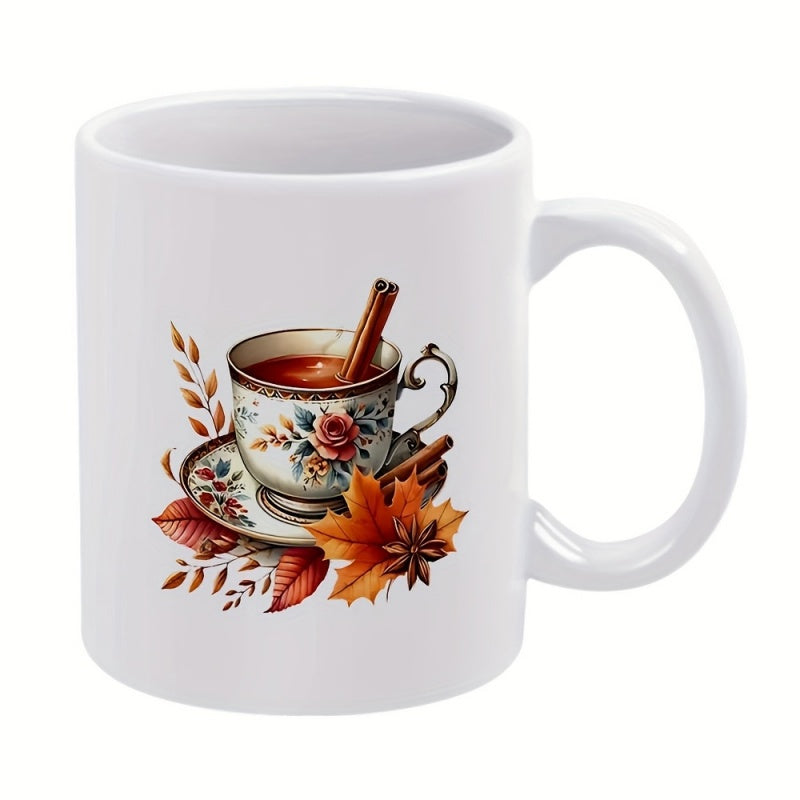 Tailorly White Ceramic 11 oz Mug - Elegant Vintage Warm Drink With Cinnamon And Autumn Maple Leaves Teacup