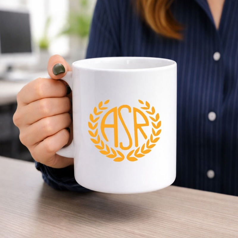 Tailorly White Ceramic 11 oz Mug - Asr Golden Laurel Wreath Monogram Circle Printed On A Minimalist