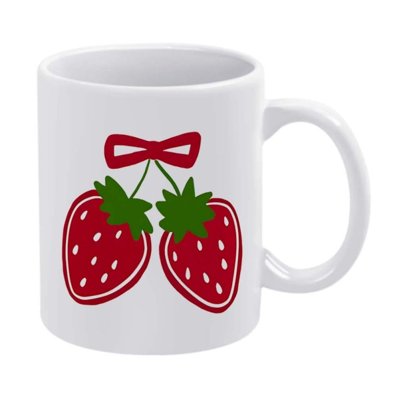 Tailorly White Ceramic 11 oz Mug - Sweet Red Berries With Green Leaves And A Red Ribbon Bow Strawberry