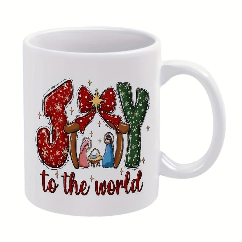 Tailorly White Ceramic 11 oz Mug - Joy To The World Festive Holiday Theme With Holy Family Under Starry Bow Nativity