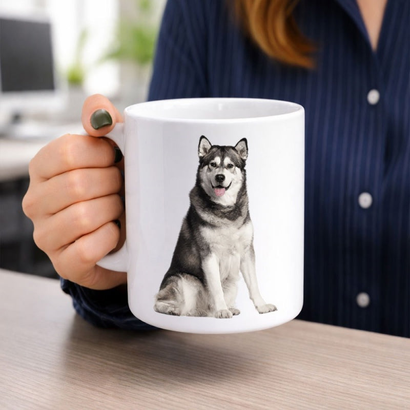 Tailorly White Ceramic 11 oz Mug - Realistic Sitting Alaskan Malamute Featuring Thick Fur And A Friendly Gaze Dog