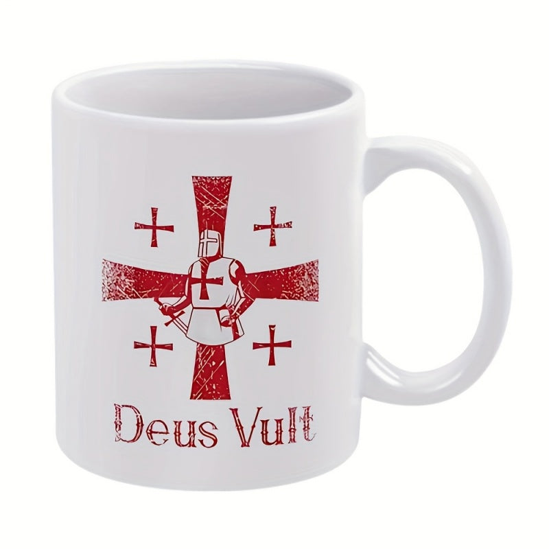 Tailorly White Ceramic 11 oz Mug - Deus Vult Brave Crusader Standing Before A Large Distressed Red Heraldic Cross Knight