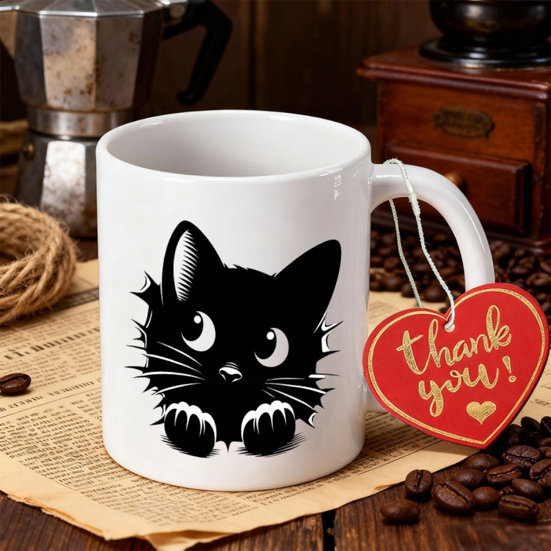 Tailorly White Ceramic 11 oz Mug - Thank You Cute Peeking Black Kitten With Large Shiny Eyes And Tiny Whiskers Cat