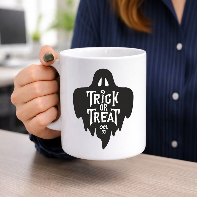 Tailorly White Ceramic 11 oz Mug - Trick Or Treat Oct 31 Spooky Black Silhouette Floating In White Ceramic Space Featuring Halloween Ghost