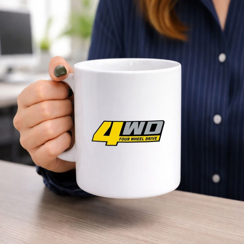 Tailorly White Ceramic 11 oz Mug - 4WD Four Wheel Drive Bold Italicized Block Lettering With Vibrant Yellow And Grey Accents Mug