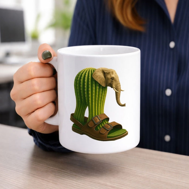 Tailorly White Ceramic 11 oz Mug - Unique Surrealist Graphic Combining A Green Cactus With A Buckled Sandal Elephant
