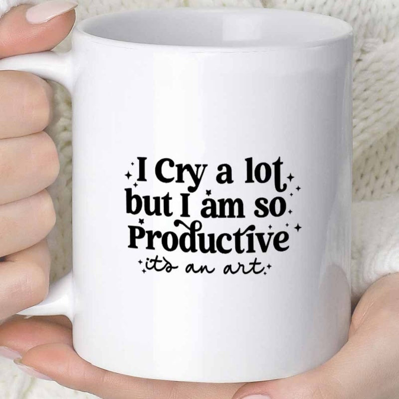 Tailorly White Ceramic 11 oz Mug - I Cry A Lot But I Am So Productive It Is An Art Minimalist Typography Surrounded By Dainty Twinkling Stars On Ceramic Surface
