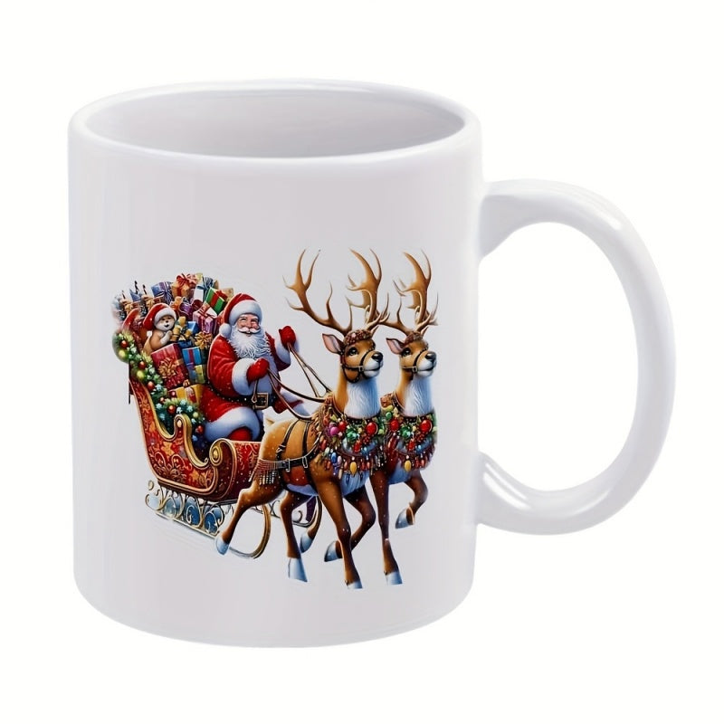 Tailorly White Ceramic 11 oz Mug - Festive Holiday Scene With Sleigh Full Of Colorful Christmas Gifts Reindeer