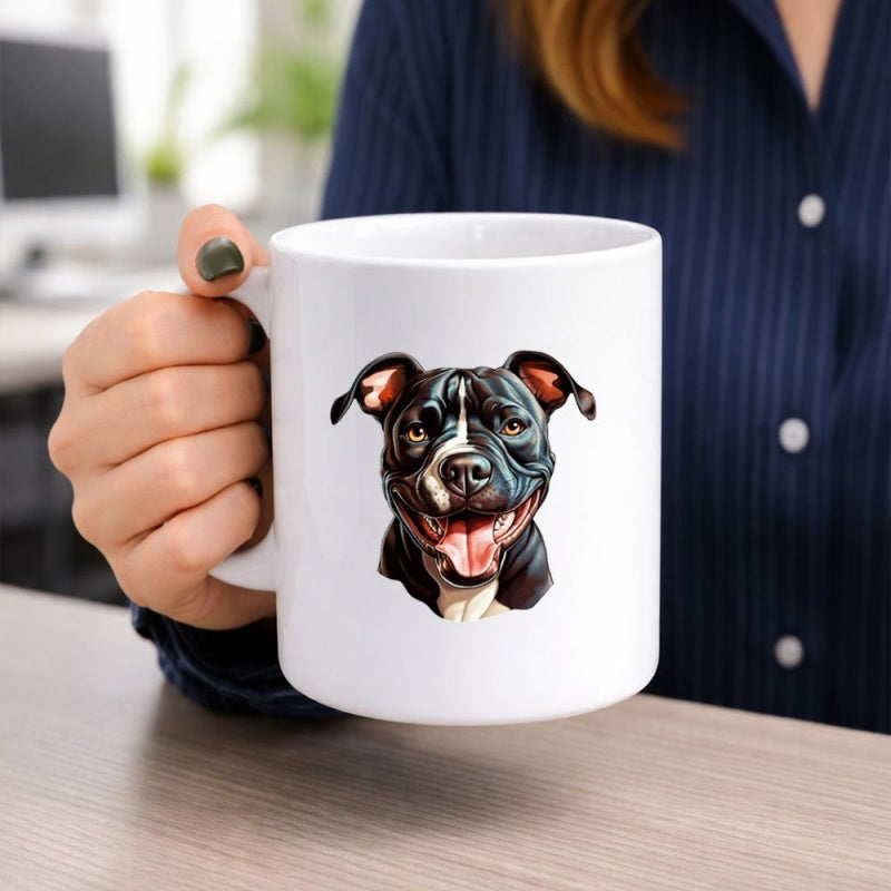 Tailorly White Ceramic 11 oz Mug - Realistic Smiling Black And White Pit Bull Head With Perked Ears Dog