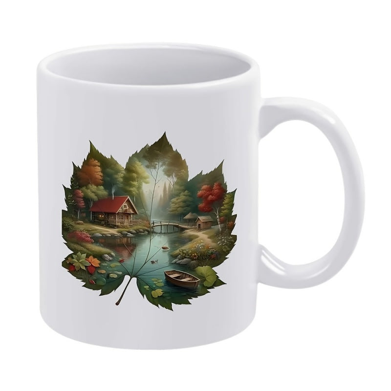 Tailorly White Ceramic 11 oz Mug - Cozy Forest Cabin And Peaceful River Scene Inside A Detailed Maple Leaf