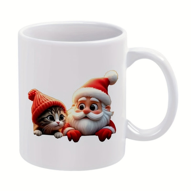 Tailorly White Ceramic 11 oz Mug - Adorable Animated Santa Claus And Tabby Kitten With Hats Santa