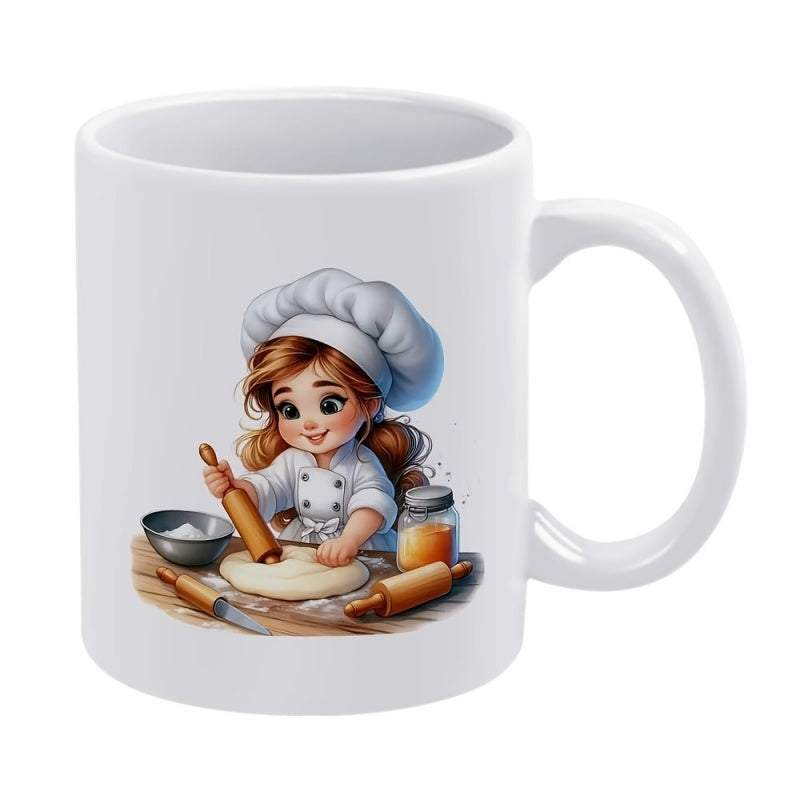 Tailorly White Ceramic 11 oz Mug - Adorable Young Female Baker Rolling Fresh Dough Among Kitchen Tools Chef