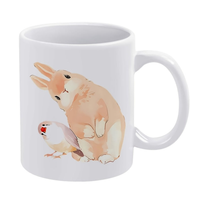 Tailorly White Ceramic 11 oz Mug - Cute Watercolor Bunny Tilting Head Standing Beside A Tiny Bird Rabbit