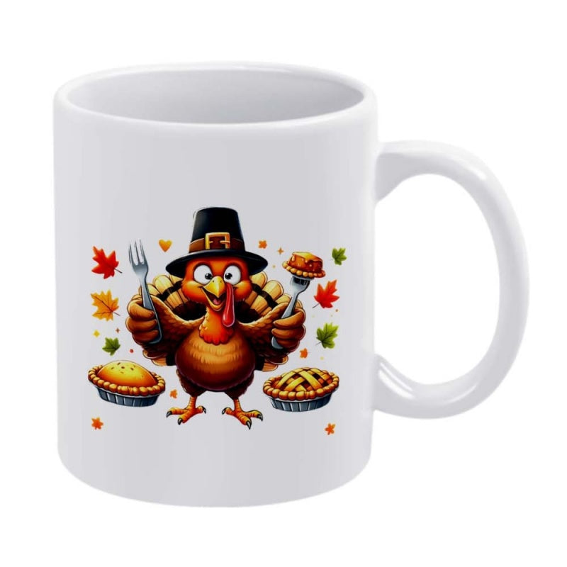 Tailorly White Ceramic 11 oz Mug - Festive Cartoon Pilgrim Character Among Falling Autumn Leaves And Thanksgiving Pies Turkey