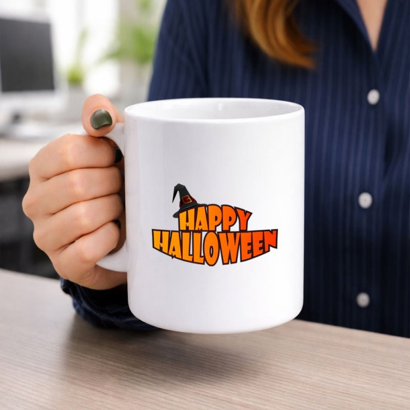 Tailorly White Ceramic 11 oz Mug - Happy Halloween Spooky Vibrant Orange Gradient Letters With A Classic Pointed Black Witch Hat