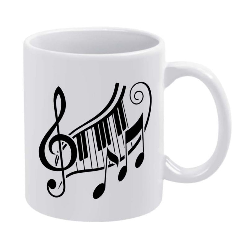 Tailorly White Ceramic 11 oz Mug - Musical Treble Clef Symbol With Flowing Piano Keys And Dancing Notes Piano