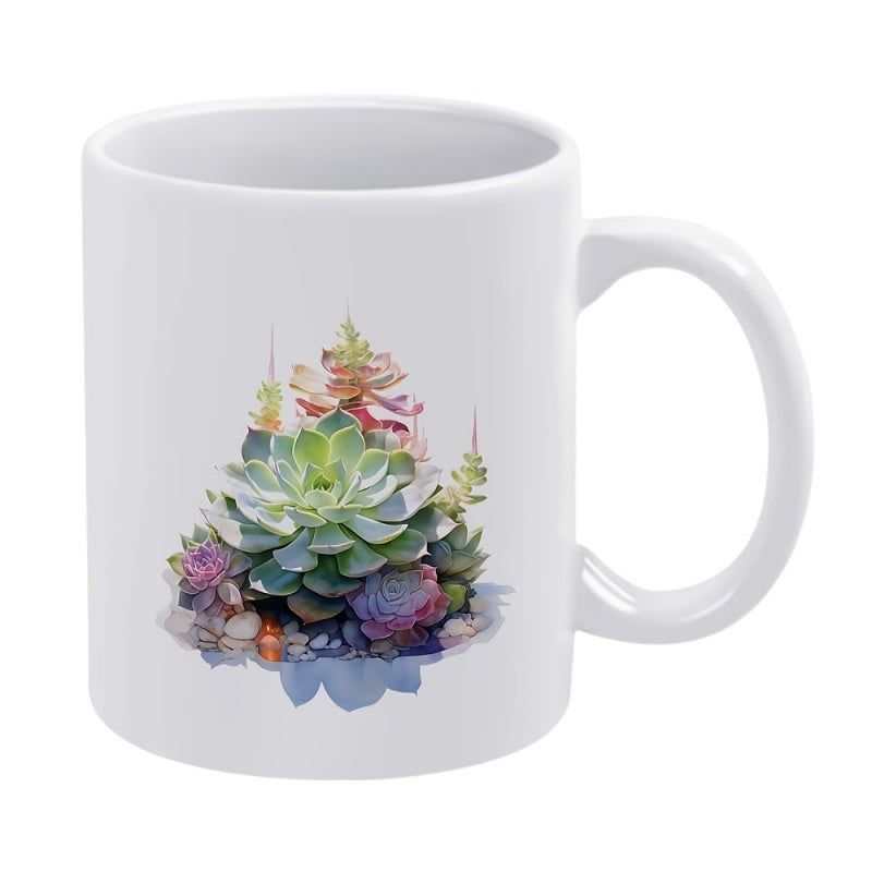 Tailorly White Ceramic 11 oz Mug - Beautifully Layered Watercolor Succulents Arranged With Small Decorative Pebble Stones Succulent