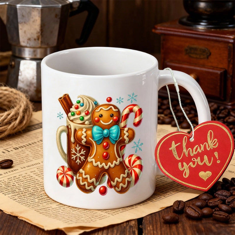 Tailorly White Ceramic 11 oz Mug - Thank You Festive Holiday Scene Featuring A Smiling Sweet Treat Cookie Gingerbread Man
