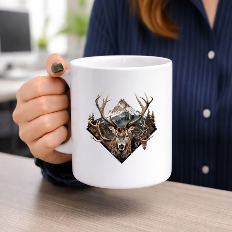 Tailorly White Ceramic 11 oz Mug - Majestic Antlered Buck Amidst Snow Capped Peaks And Forest Evergreen Deer