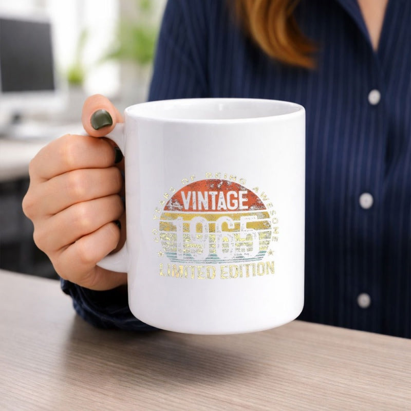 Tailorly White Ceramic 11 oz Mug - Vintage 1965 Limited Edition Genuine Awesome Retro Weathered Horizontal Stripes Inside A Classic Distressed Circle Vibrant