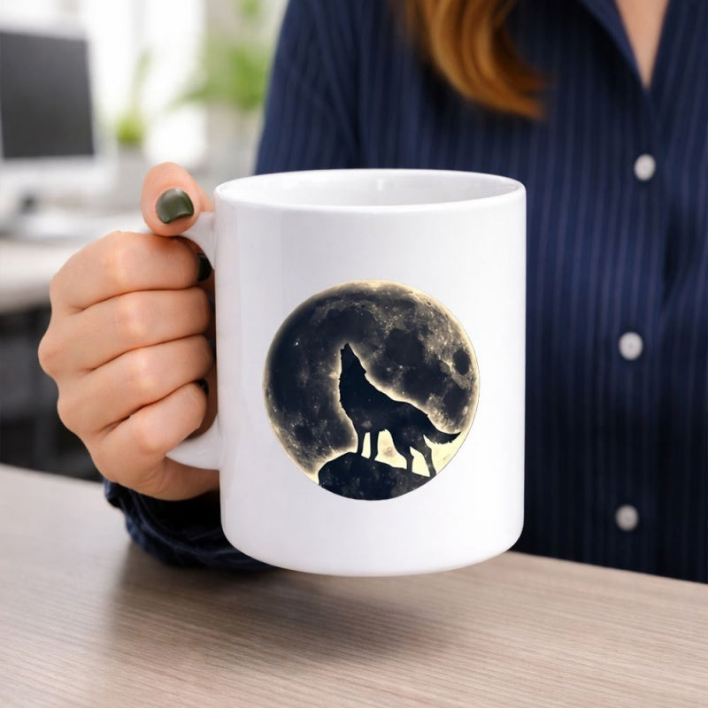 Tailorly White Ceramic 11 oz Mug - Mystical Night Silhouette Howling Under A Glowing Full Moon Wolf