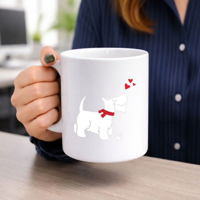 Tailorly White Ceramic 11 oz Mug - Minimalist White Scottish Terrier Wearing Red Scarf Beneath Floating Red Hearts Dog
