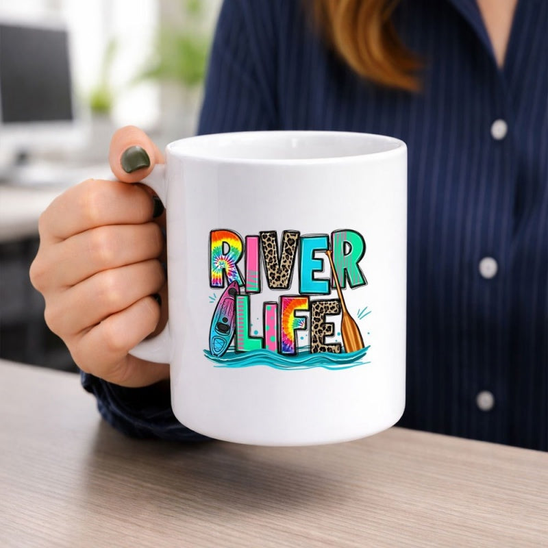 Tailorly White Ceramic 11 oz Mug - River Life Vibrant Colorful Letters With Paddleboard And Paddle Over Gentle Waves Design