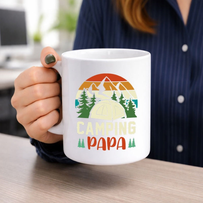 Tailorly White Ceramic 11 oz Mug - Camping Papa Retro Mountain Landscape With Evergreen Trees Under A Striped Sunset Tent
