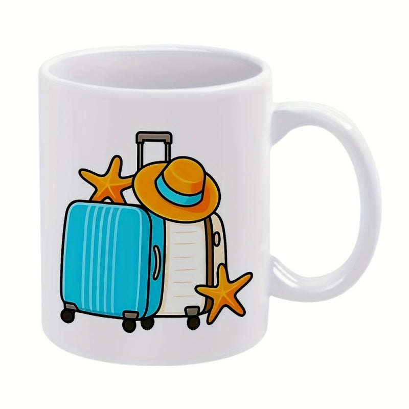 Tailorly White Ceramic 11 oz Mug - Colorful Travel Gear With Sun Hat And Starfishes Summer Suitcase