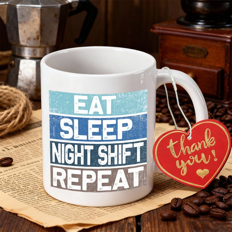 Tailorly White Ceramic 11 oz Mug - Eat Sleep Night Shift Repeat Retro Distressed Four Color Stripes Featuring Bold Clean Minimalist Style Mug