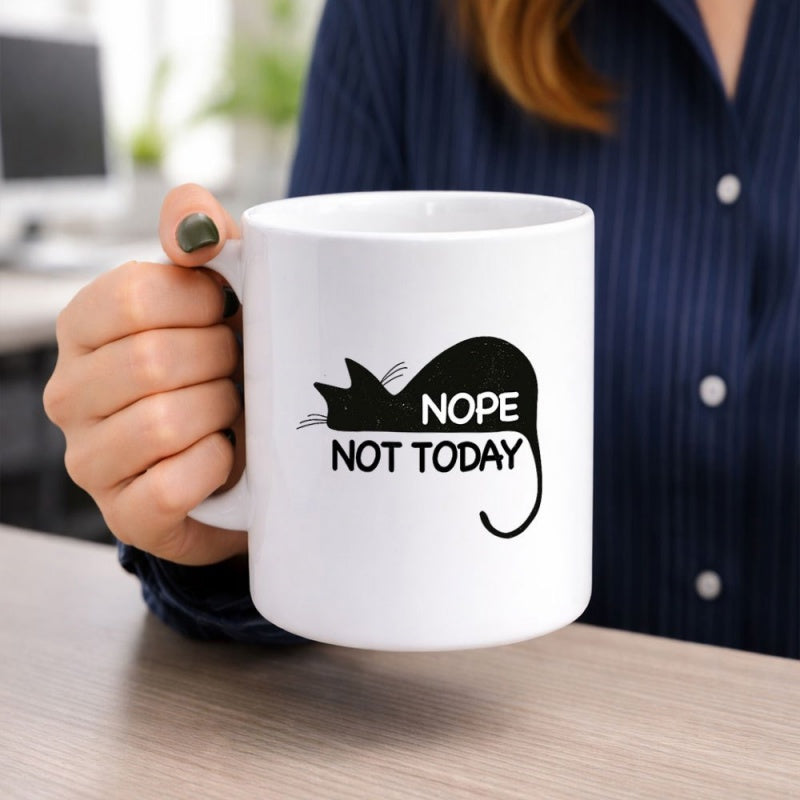 Tailorly White Ceramic 11 oz Mug - Nope Not Today Minimalist Black Silhouette Of A Resting Lazy Feline In Relaxing State Cat