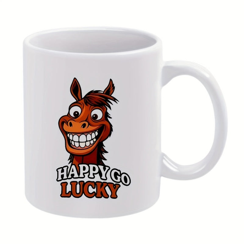 Tailorly White Ceramic 11 oz Mug - Happy Go Lucky Cartoonish Smiling Brown Animal Character Showing White Teeth Horse