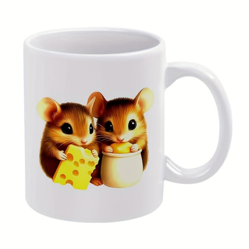 Tailorly White Ceramic 11 oz Mug - Two Adorable Little Brown Rodents Eating Delicious Yellow Swiss Cheese Mouse