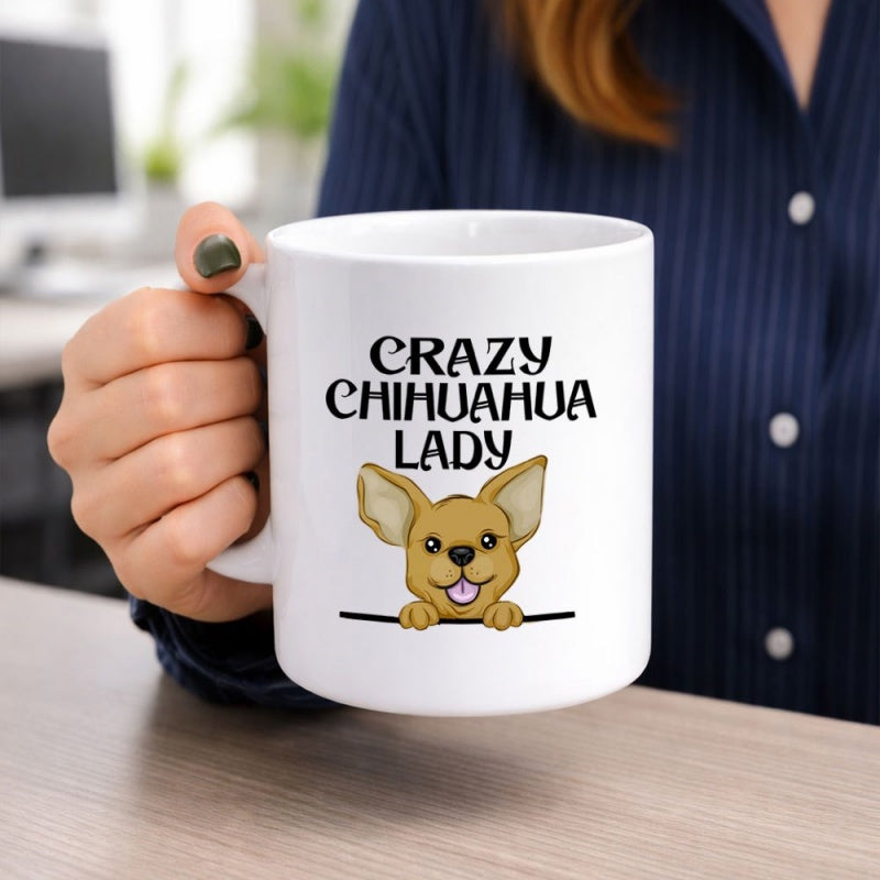 Tailorly White Ceramic 11 oz Mug - Crazy Chihuahua Lady Cute Brown Puppy With Big Ears Peeking Over A Black Line Chihuahua