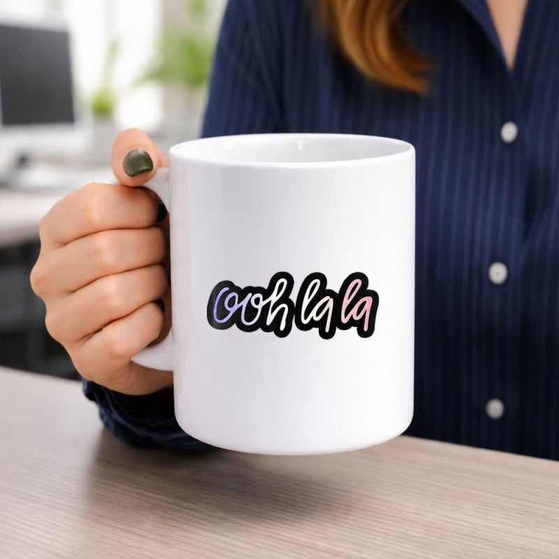 Tailorly White Ceramic 11 oz Mug - Ooh La La Minimalist Script Text With Colorful Gradient Filling And Black Outline Mug