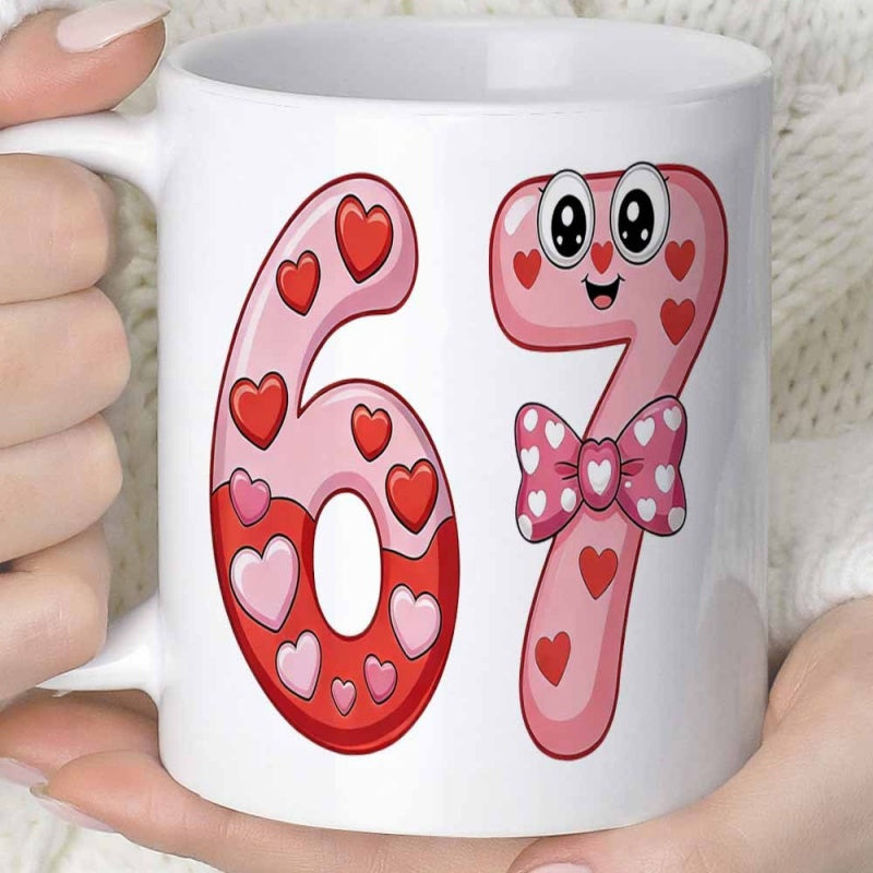 Tailorly White Ceramic 11 oz Mug - Smiling Cartoon Numbers Decorated With Pink Hearts And Bow Number