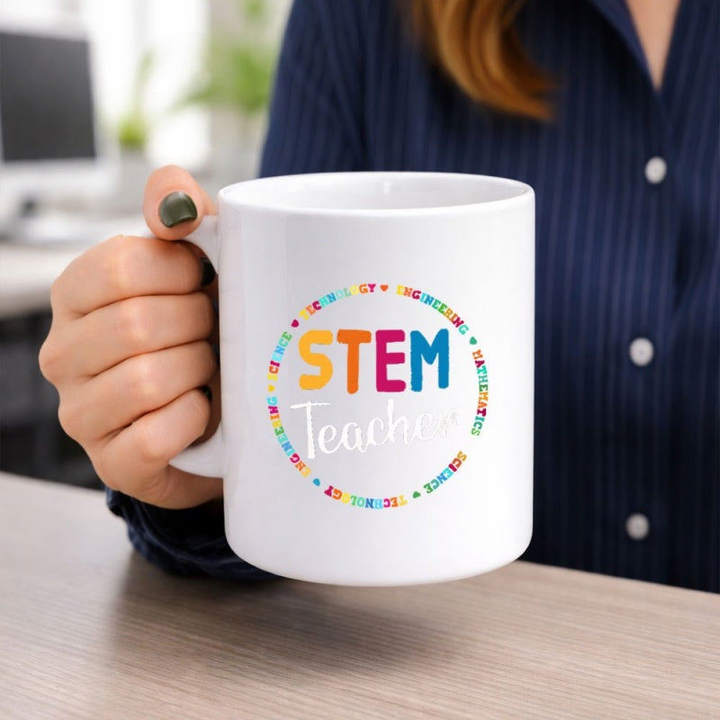 Tailorly White Ceramic 11 oz Mug - Stem Teacher Colorful Circular Icons Representing Science Education Within A Handcrafted Aesthetic Design