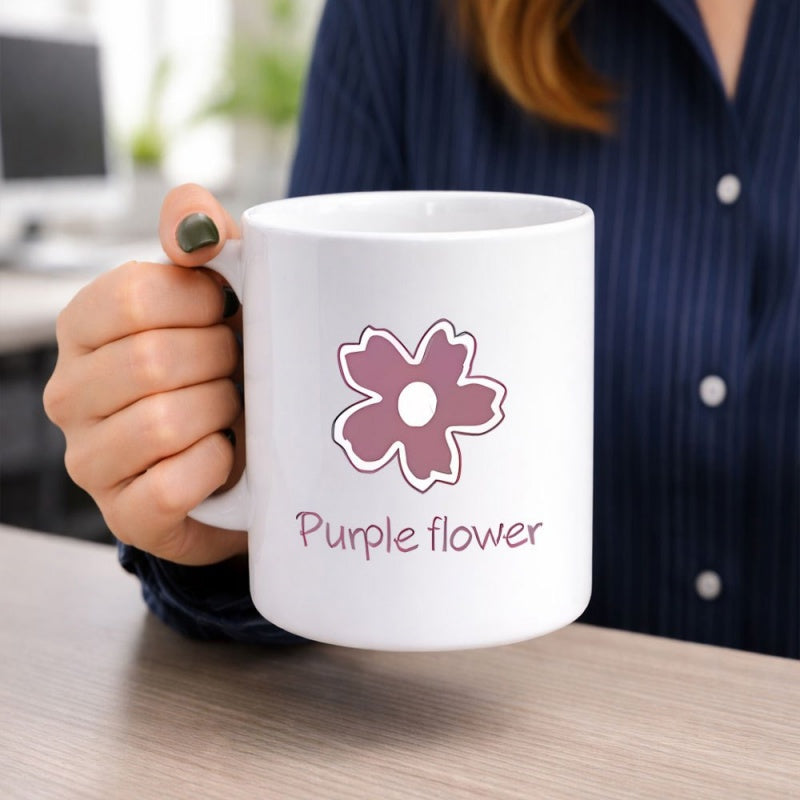 Tailorly White Ceramic 11 oz Mug - Purple Flower Minimalist Hand Drawn Style With Five Petals And Outline Flower