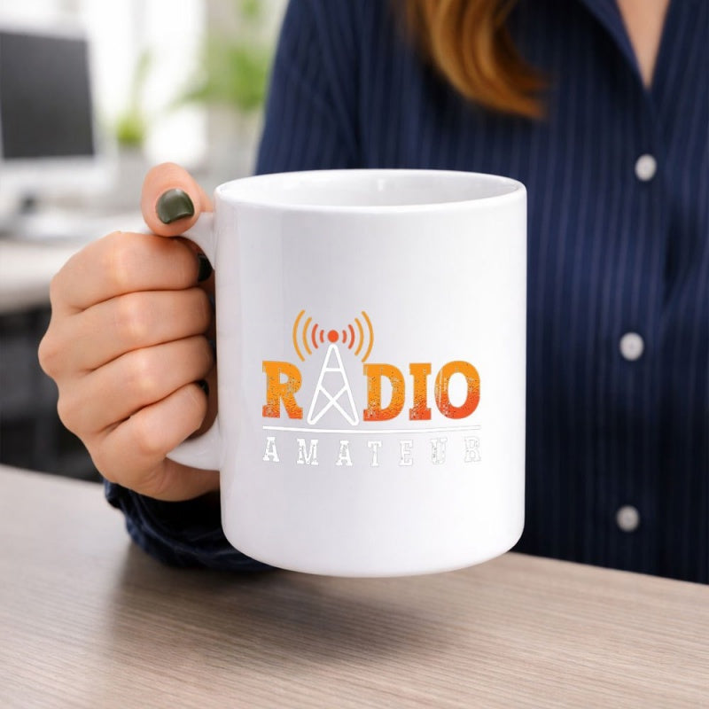 Tailorly White Ceramic 11 oz Mug - Radio Amateur Broadcasting Signals With Vibrant Orange Gradient Letters And Iconic Lattice Tower