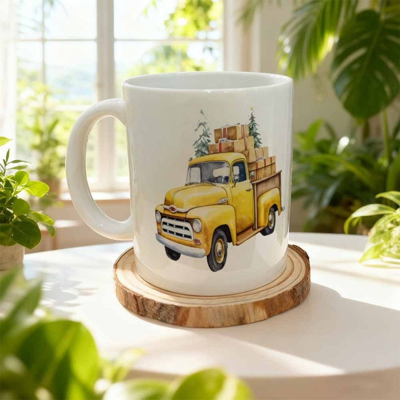 Tailorly White Ceramic 11 oz Mug - Vintage Yellow Pickup Loaded With Boxes And Pine Trees Watercolor Style Truck