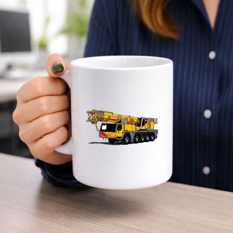 Tailorly White Ceramic 11 oz Mug - Powerful Industrial Mobile Construction Vehicle With Multiple Wheels And Heavy Lifting Arm Crane