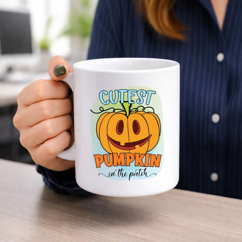 Tailorly White Ceramic 11 oz Mug - Cutest Pumpkin In The Patch Cartoon Smiling Orange Jack O Lantern Under Soft Glowing Pastel Background Pumpkin