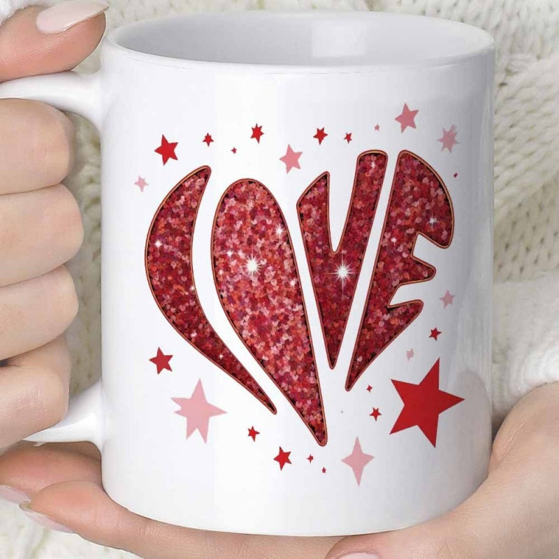 Tailorly White Ceramic 11 oz Mug - Love Sparkling Red Glitter Texture Surrounded By Tiny Twinkling Stars Heart