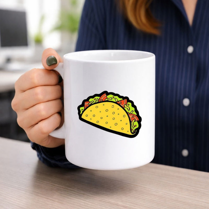 Tailorly White Ceramic 11 oz Mug - Simple Hand Drawn Mexican Food Style With Lettuce And Meat Taco